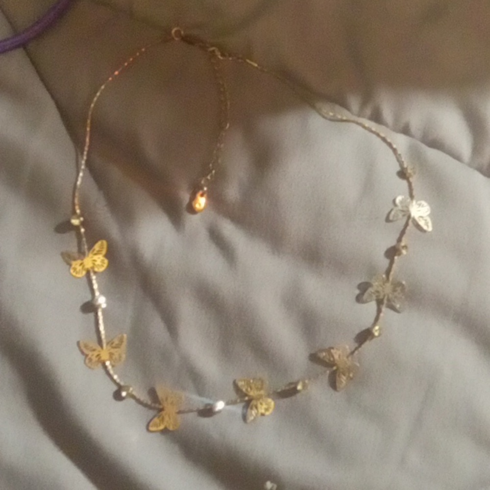 Butterfly and  fux rhinestone goldtone necklace